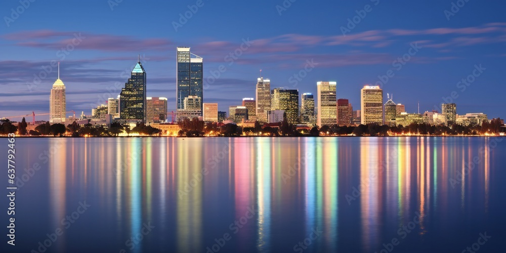 Skyline of downtown Perth Australia at dusk with the sunset