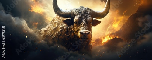Zodiac sign of taurus bull head fantasy horoscope panorama. Generative Ai.