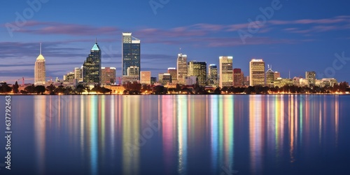 Skyline of downtown Perth Australia at dusk with the sunset