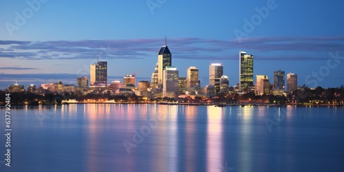 Skyline of downtown Perth Australia at dusk with the sunset