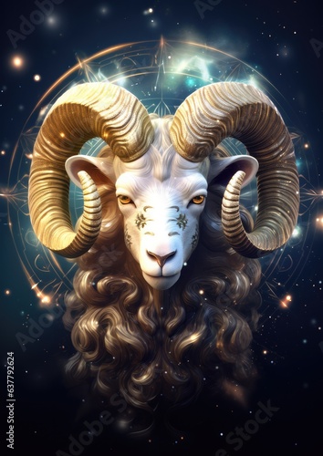 Zodiac sign of aries head with magic light in star wheel , horoscope. Generative Ai.