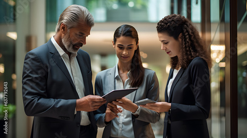  happy professional business people team woman and man workers working using digital tablet tech having conversation discussing financial marketing strategy at corporate office meeting © Planetz