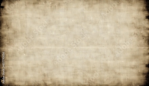 Grunge empty fabric background frame with vignette border. Dirty distressed sepia tone vintage 8k 16:9 weathered old linen, burlap or canvas texture. Retro overlay template backdrop 3D, Generative AI