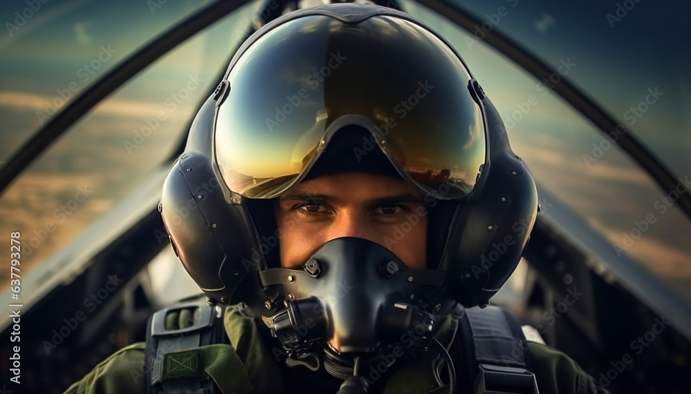 Portrait of a fighter pilot in a helmet in the cockpit Portrait of a fighter pilot in a helmet in the cockpit