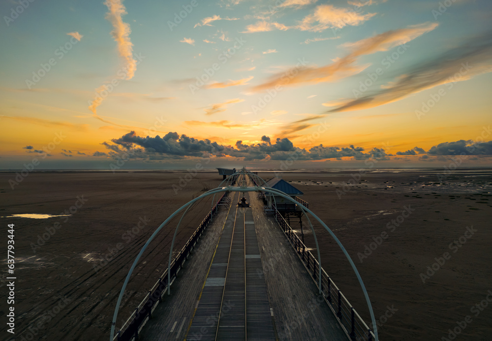 Southport, Merseyside, UK, July 24, 2023; Aerial view of Southport Pier with Stunning Sunset, Southport Merseyside