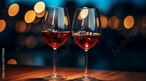 two pairs of glasses of red wine  lights and candles in the background.