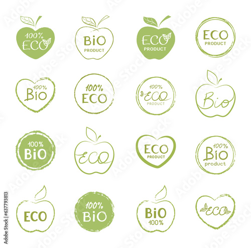 Set of 100% ECO and BIO product signs, labels, emblem for natural product, eco friendly handmade product. Green hand drawn elements, isolated on a white background. ECO, Bio, natural products concept