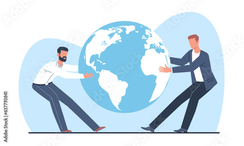 Concept of competition for title of world leader, two people tugging planet earth. Men and country confrontation. opposition views, fight, conflict or war. Vector cartoon flat illustration