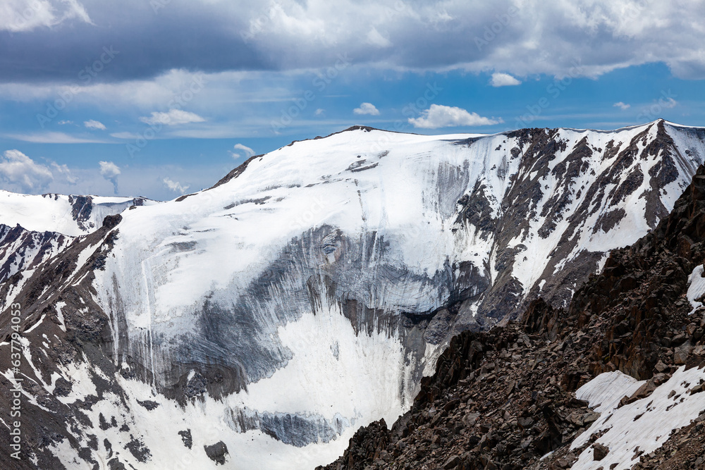 Peak Karnizny with a huge glacier from Tourist Peak. Altitude 4075 meters