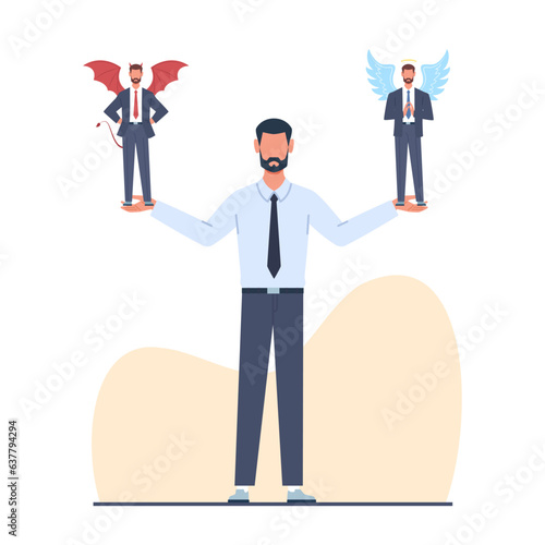 Concept of disagreement in decision making, confused businessman doesnt know which direction to take. Devil and angel advice, right and wrong action, moral choice. Vector cartoon illustration
