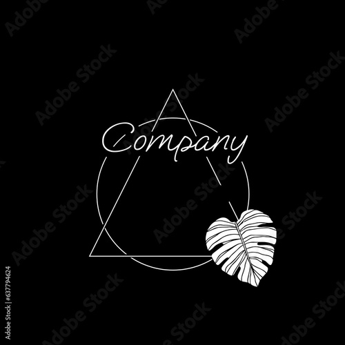 Illustration of company text with triangle, circle and leaf on black background, copy space