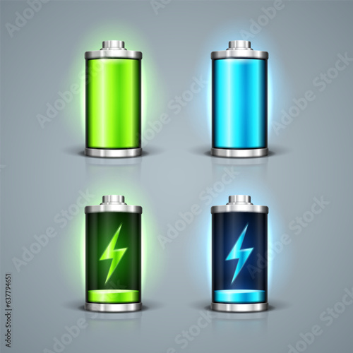 Battery, full charge and battery charging with lighting. Vector illustration.