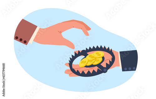 Concept of dubious proposition, businessman takes money from trap, risking an unfair deal. Doubtful startup or project. Financial or investment problems vector cartoon flat style illustration