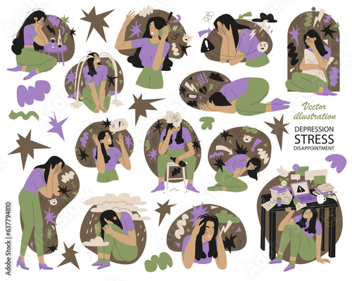 Set of situations about depression, female alcoholism, Mental disorder, experiencing negative emotions. Social problems of residents of big city and poor regions. Vector illustration isolated.