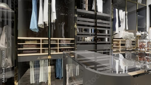 The interior design of a luxury Walk-in closet in a house or apartment. 3D video.