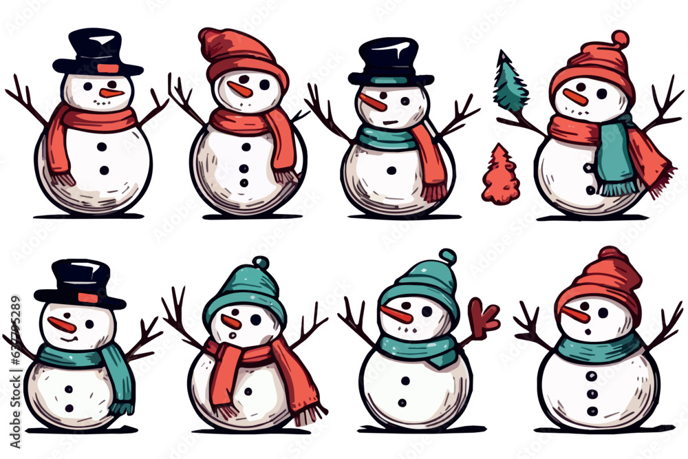 Cheerful cute happy snowmen in cap and scarf set. sketch hand drawn vector illustration isolated on white background