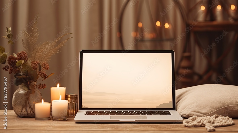 Aesthetic boho styled home interior design template featuring a laptop computer on a table illuminated by candles and a floor lamp Includes mockup copy space and Aesthetic boho styled home interior design template featuring a laptop computer on a table illuminated by candles and a floor lamp Includes mockup copy space and