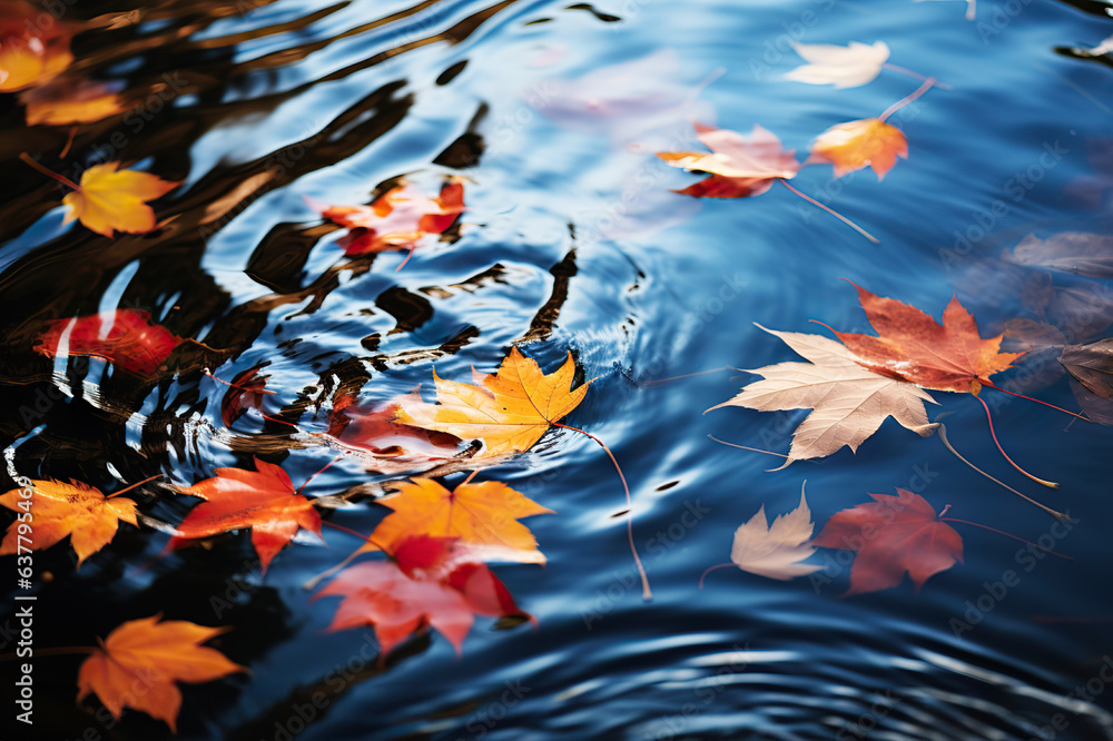 Reflections of Autumn Colorful Fall Leaves Drifting in Pond Lake Water, Creating a Tranquil Fall Foliage Scene. created with Generative AI