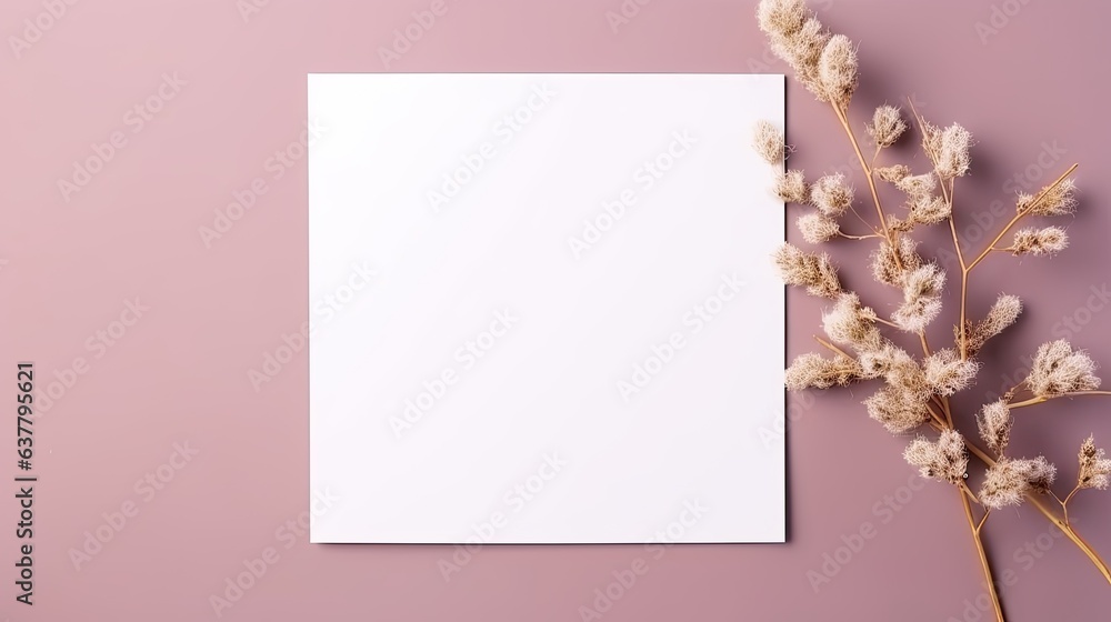 Blank card with space for text and dry floral branch on purple background Minimal invitation template or postcard Flat lay top view. Mockup image