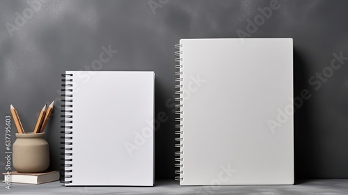 Empty sheets for mockups are located near a gray wall with copy space available