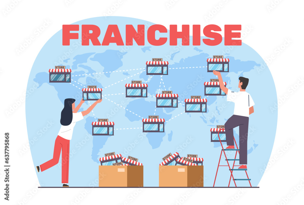 Concept of franchise business, man and woman map out stores on huge map. Open new shops in different foreign countries. marketing system. Company growth. Vector cartoon flat illustration Concept of franchise business, man and woman map out stores on huge map. Open new shops in different foreign countries. marketing system. Company growth. Vector cartoon flat illustration