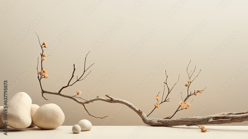 Neutral background with stones branch and natural colors ideal for beauty product branding and packaging Front perspective copy space. Mockup image