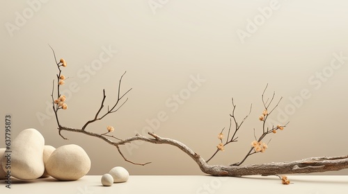 Obraz na płótnie Neutral background with stones branch and natural colors ideal for beauty product branding and packaging Front perspective copy space. Mockup image w salonie