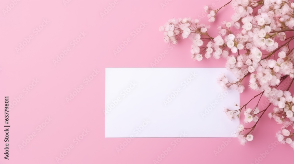 Greeting card with flowers on pink background Blank paper with space for text Minimal and flat workplace. Mockup image Greeting card with flowers on pink background Blank paper with space for text Minimal and flat workplace. Mockup image