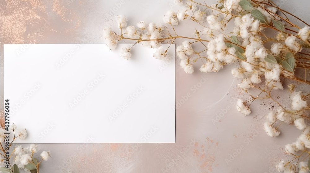 Floral arrangement with eucalyptus and gypsophila on paper background for wedding or greeting card presentation. Mockup image Floral arrangement with eucalyptus and gypsophila on paper background for wedding or greeting card presentation. Mockup image