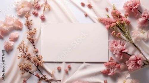 Blank card on marble with flowers and ribbons top view Romantic card mockup copy space