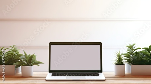Blank screen workspace with laptop on table. Mockup image © HN Works