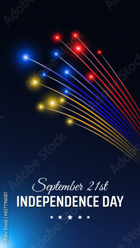 September 21, armenia independence day, armenian colorful fireworks flag on blue night sky background. Greeting card. Armenia national holiday september 21st. Vector. Independence day card