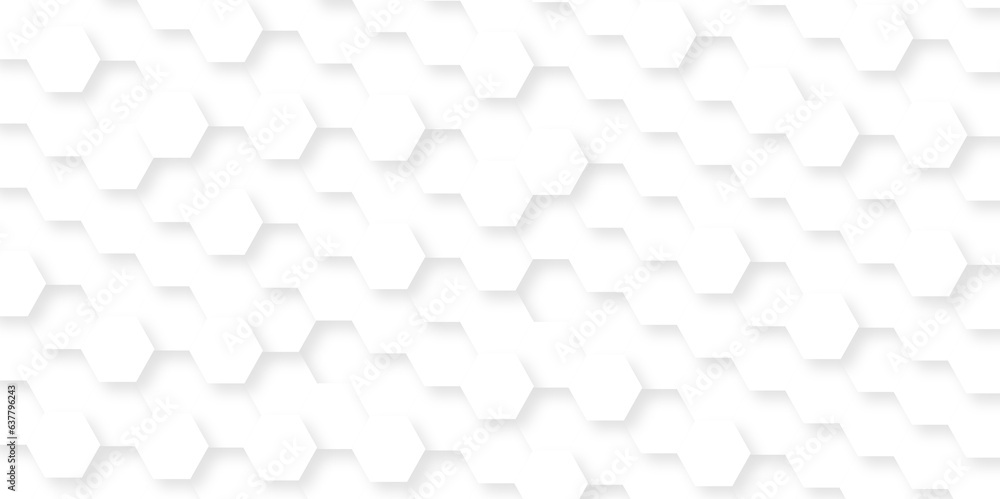 Naklejka premium Seamless pattern with hexagons. 3d Hexagonal structure futuristic white background and Embossed Hexagon. Hexagonal honeycomb pattern background with space for text. Abstract Technology, Futuristic.
