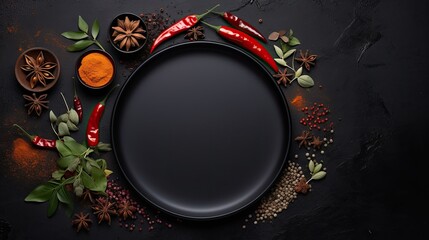 Copy space top view mockup of food photo with empty black plate and spices