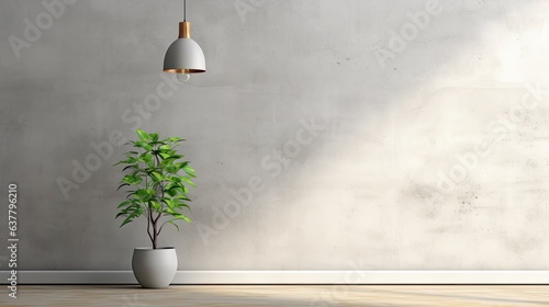 Empty room mockup with a lamp and plant on the wall © HN Works