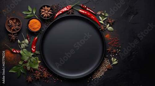 Copy space top view mockup of food photo with empty black plate and spices