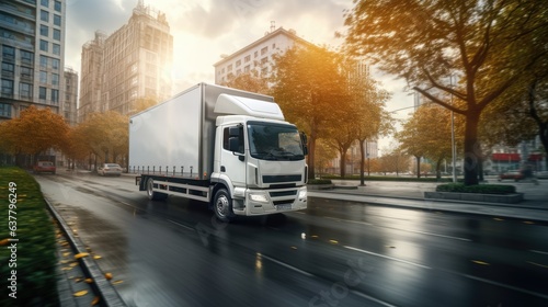 Fast delivery of goods by a white truck from a logistics company on a city road with the truck moving quickly on the avenue to distribute items for a postal serv. Mockup image © HN Works