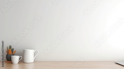 Front view of a white desk with copy space supplies and a coffee mug. Mockup image