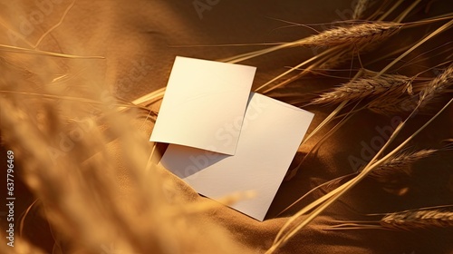 Blank mockup paper cards with dried grass on gold silk background Minimal bohemian template for invitation or business cards