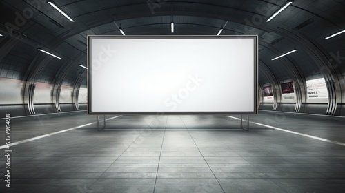 Digital display poster template mockup in pedestrian linkway out of home media billboard in a long tunnel walkway