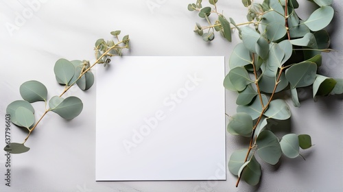Flat lay greeting card mockup with eucalyptus on grey background