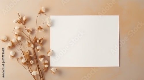 Empty white paper with flowers and a branch on beige background Invitation card mockup on table Flat lay top view copy space mockup