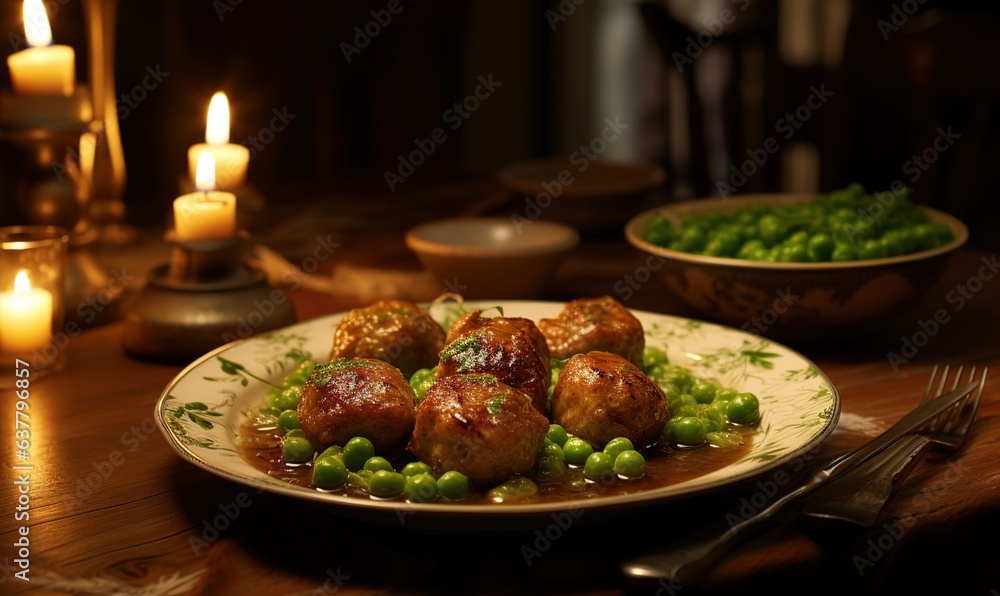 vegan meatballs served with tomato sauce in frying pan. warm lighting. Generative AI vegan meatballs served with tomato sauce in frying pan. warm lighting. Generative AI