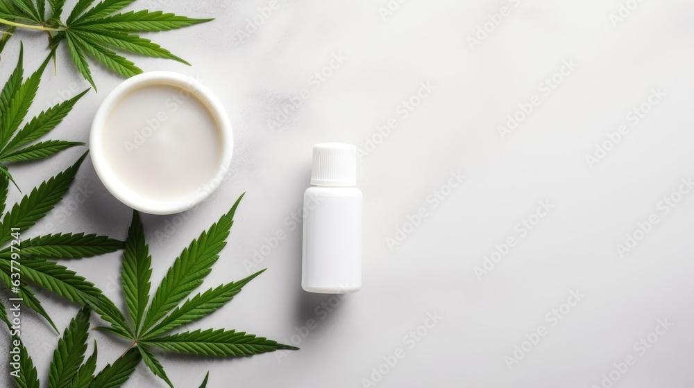 On a grey table there is a plate with green cannabis sativa leaves Cosmetic bottles without labels and a pipette are placed nearby The arrangement allows for cus. Mockup image On a grey table there is a plate with green cannabis sativa leaves Cosmetic bottles without labels and a pipette are placed nearby The arrangement allows for cus. Mockup image