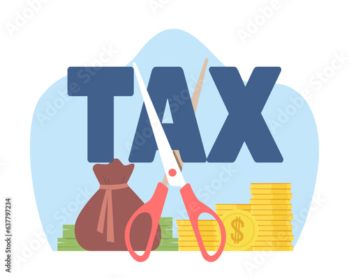 Concept of lowering taxes, reducing payments. Business finance, lower tax bill. Reduction strategy, government policy in economic crisis. Web design. Cartoon flat isolated vector illustration
