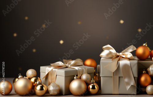 Christmas background with gift box on marble floor with blurry light on dark brown wall,Concept for New year or Winter holiday sale promotion banner,Generative Ai