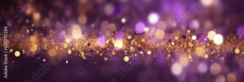 Purple and gold abstract glitter bokeh background with copy space