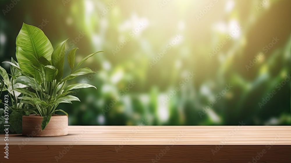 Product display concept with eco friendly interior d cor Leaf shadow and indoor green plant foreground panoramic banner mockup