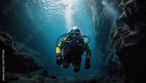 Scuba deep sea diver swimming in a deep ocean cavern