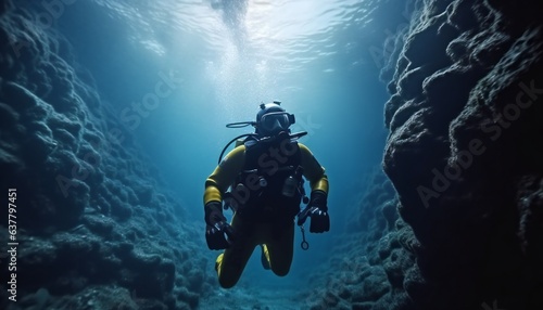 Scuba deep sea diver swimming in a deep ocean cavern